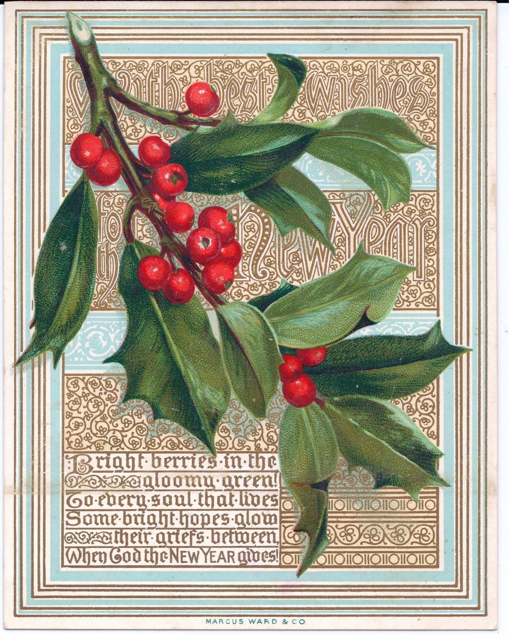 Viktoriaaninen joulukortti, jossa säkeen peittämä hollysuihke. Julkaisija Marcus Ward, n. 1880 tekijältä English School
