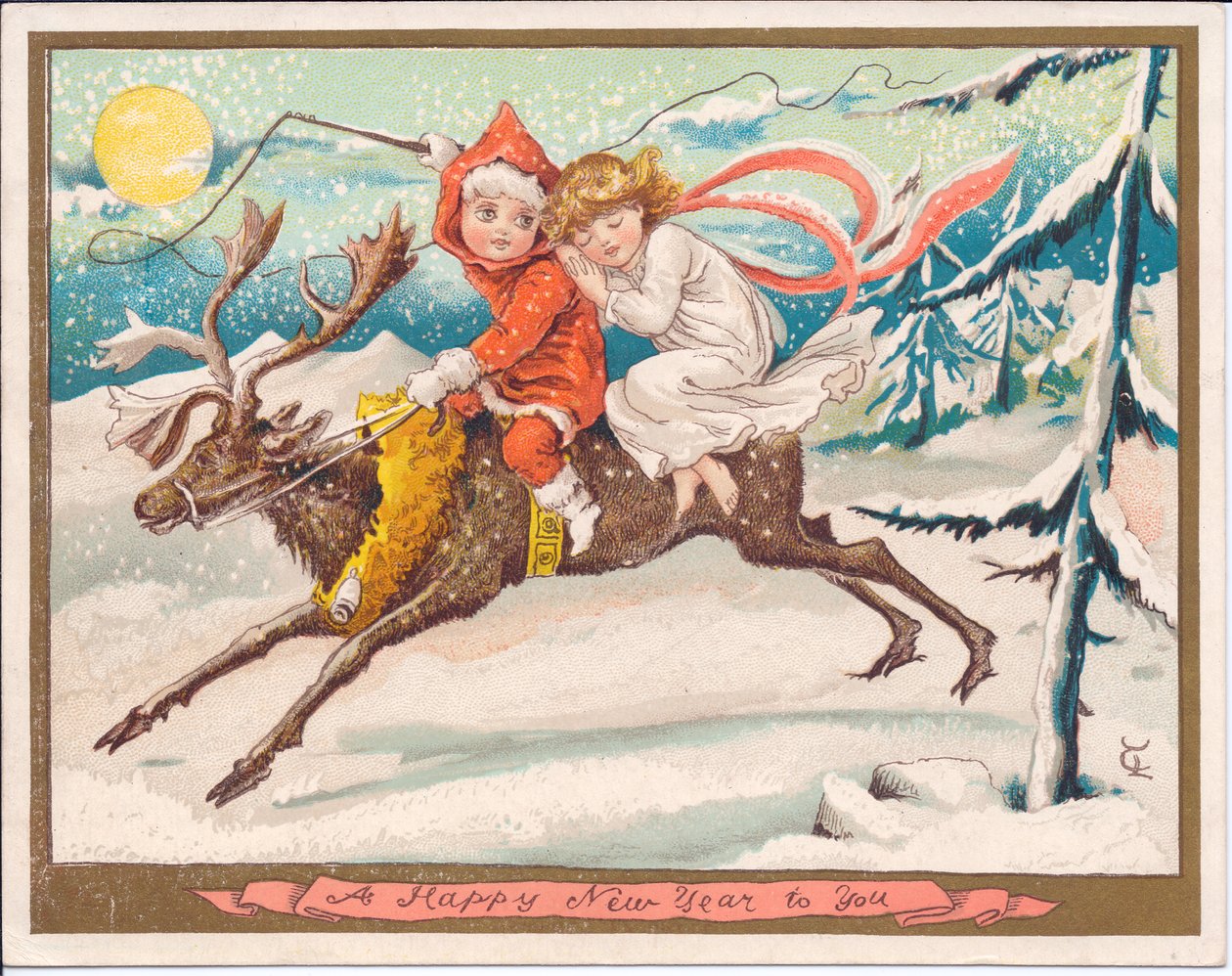 Viktoriaaninen uudenvuoden kortti tytöstä ja pojista keijussa poron päällä kuutamoisena lumisena yönä, n. 1880 (värilitho) tekijältä English School