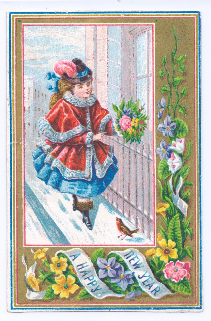 Viktoriaaninen uudenvuoden kortti tytöstä, joka on pukeutunut turkisvuoraukseen ja kävelee kukkakimpussa lumessa, n. 1880 (väri litho) tekijältä English School