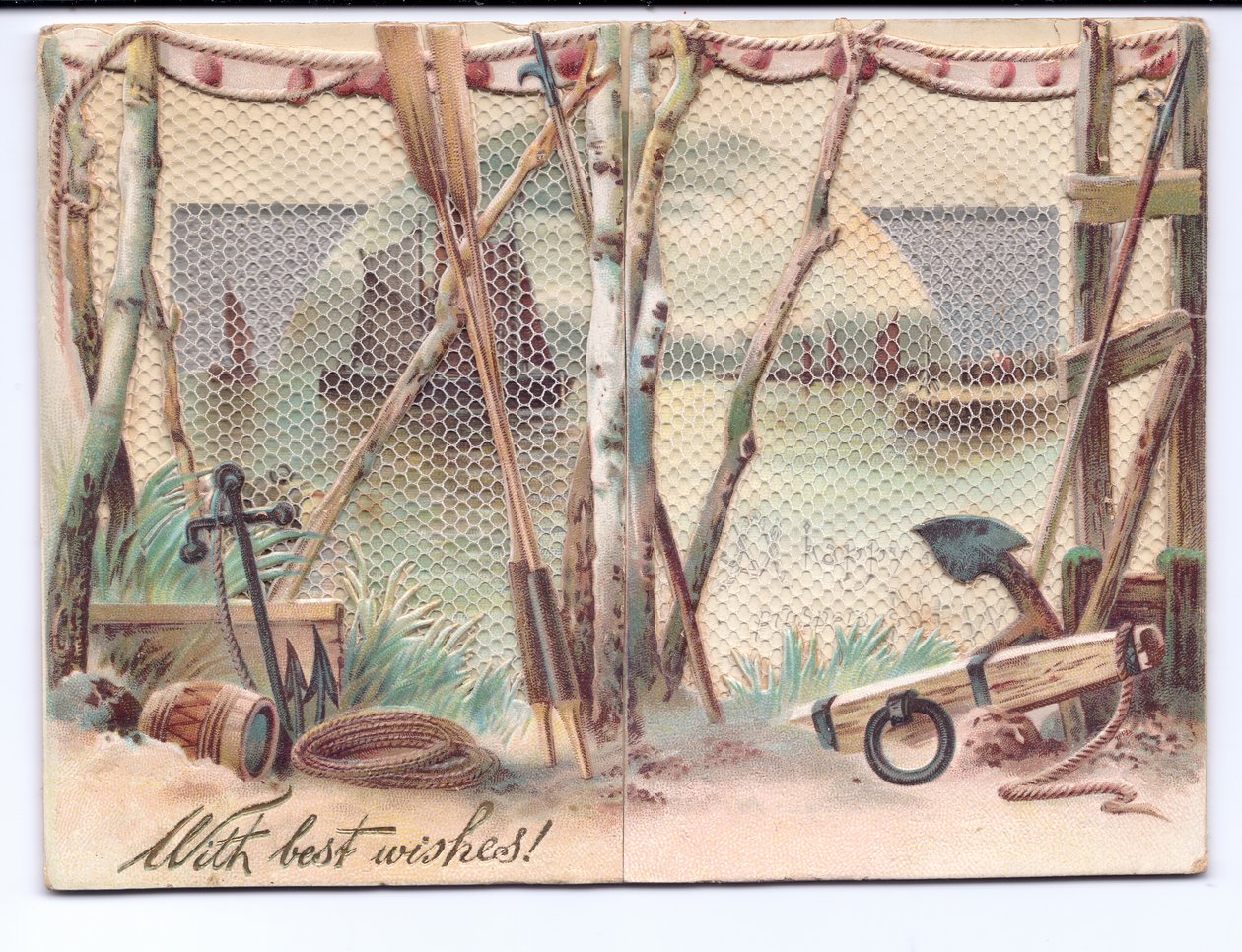 Viktoriaaninen onnittelukortti purjelaivoista nähtynä sideverkon läpi, n. 1880 tekijältä English School
