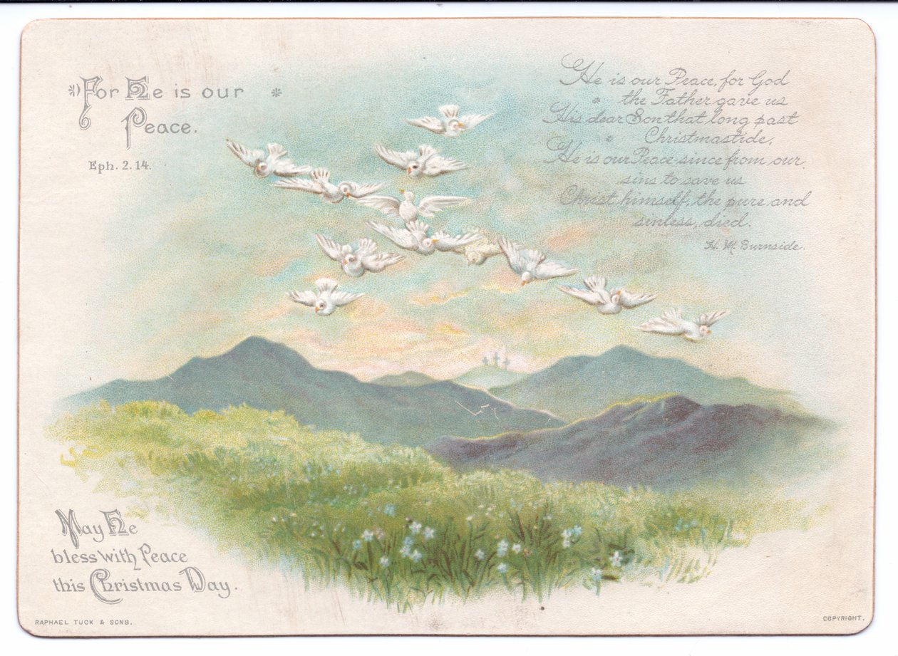 Viktoriaaninen uskonnollinen joulukortti lentävistä kyyhkyistä ristin muodossa, n. 1880 (väri litho) tekijältä English School
