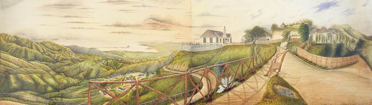 Näkymä Kingstoniin sotilasparantolasta Newcastlessa, Blue Mountainsissa, Jamaikalla, 1855 (wc ja guassi kankaalle asetettu paperille) tekijältä English School