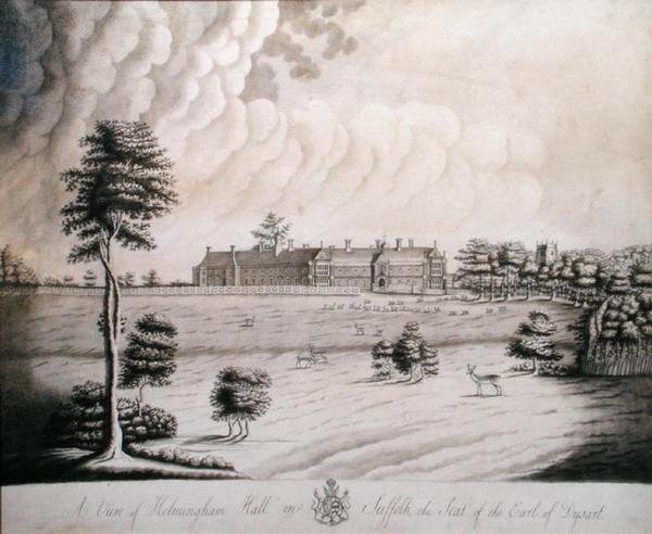 Näkymä Helmingham Halliin Suffolkissa, Earl of Dysartin istuimelle (muste ja harmaa pesu paperilla) tekijältä English School