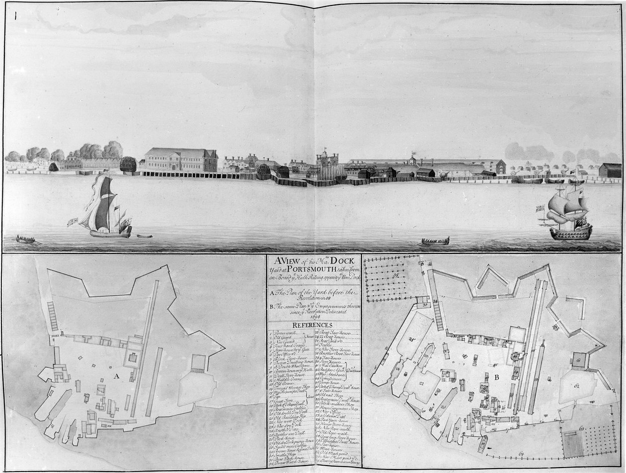 Näkymä His Majestysin telakasta Portsmouthissa otettuna vastapäätä New Dockia, 1698 tekijältä English School