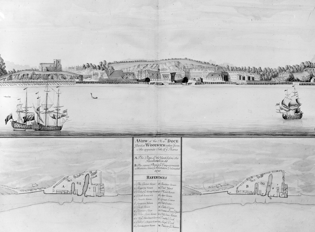 Näkymä Hänen Majesteettinsa telakasta Woolwichissa otettuna Thamesin vastakkaiselta puolelta tekijältä English School