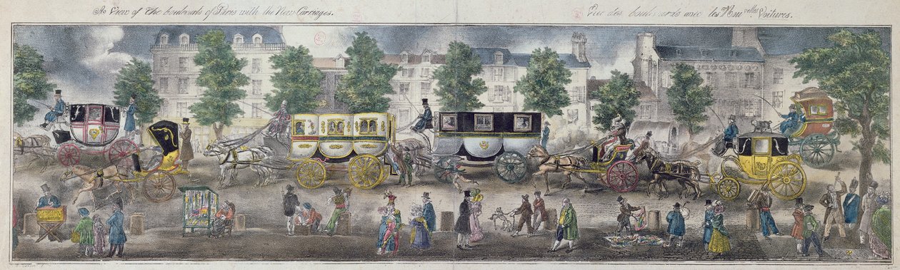 Näkymä Pariisin bulevardeille uusilla vaunuilla, 1828 (värikaiverrus) tekijältä English School