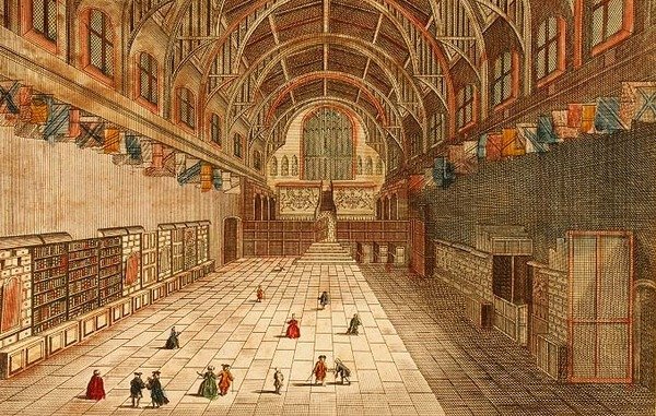 Näkymä Westminster Hallin sisäpuolelta (kaiverrus) tekijältä English School