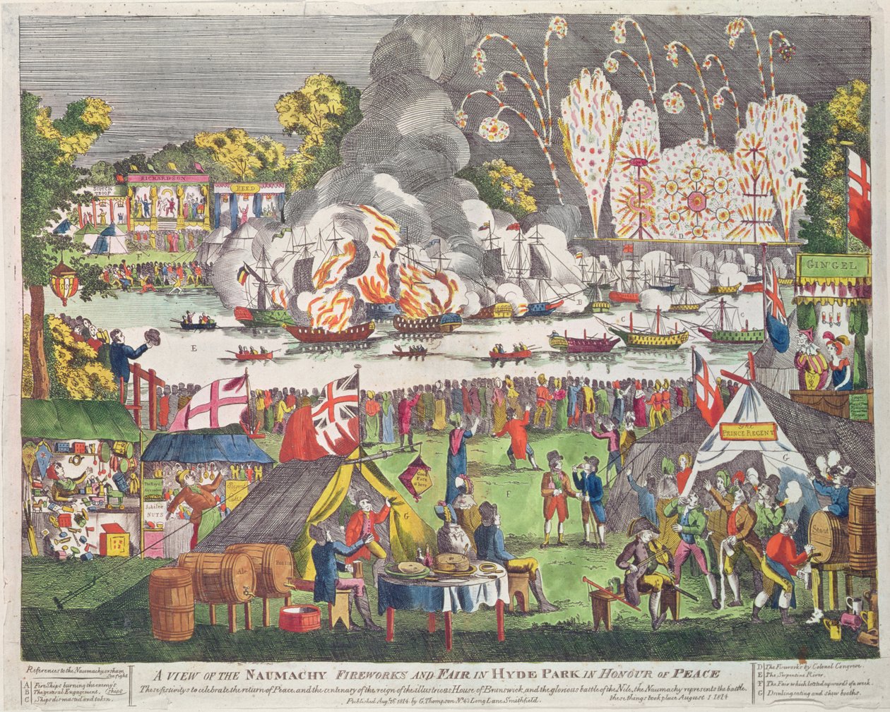 Näkymä Naumachysta, ilotulitus ja messu Hyde Parkissa rauhan kunniaksi, julkaissut G. Thompson, 1814 tekijältä English School