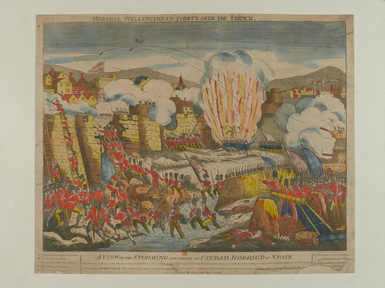 Näkymä Ciudad Rodrigon myrskystä ja valloituksesta Espanjassa 1812, julkaisija Oliver ja Boyd 1812 tekijältä English School