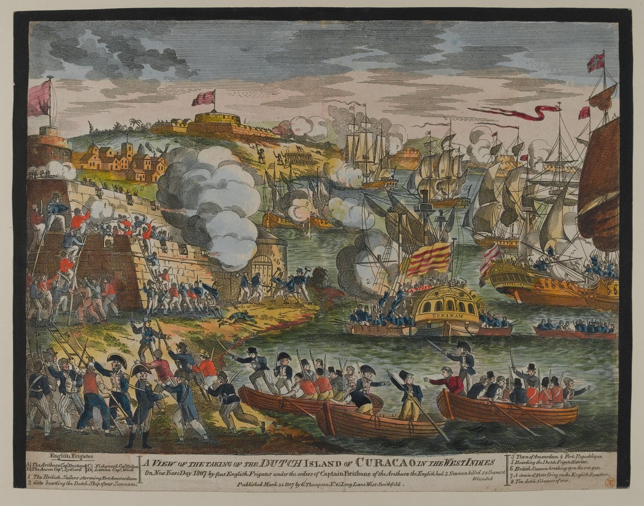 Näkymä hollantilaisen Curacaon saaren valloittamisesta Länsi-Intiassa, 1. tammikuuta 1807, julkaissut G.Thompson vuonna 1807 (värillinen puupiirros) tekijältä English School
