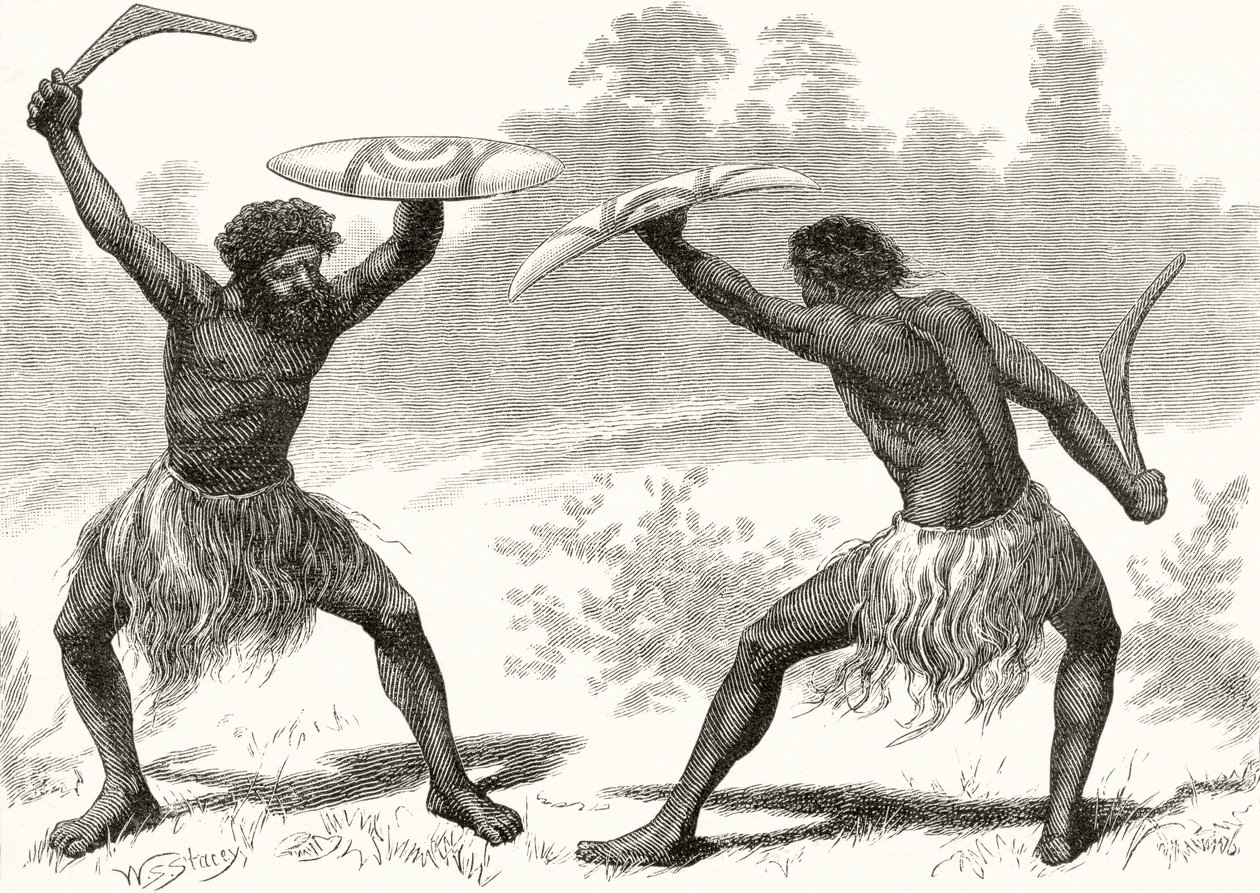 Waddy Fight, Howard Willoughbyn "Australian Pictures" -julkaisusta, julkaisija Religious Tract Society, Lontoo, 1886 tekijältä English School