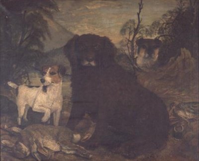 Vesispanieli ja kaksi jackrusselia päivän laukun luona tekijältä English School