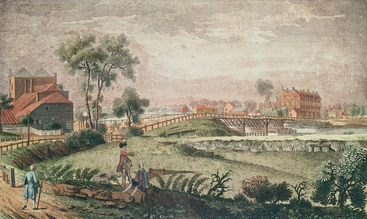 Länsinäkymä Chelsea Bridgestä, 1761 (värikaiverrus) tekijältä English School