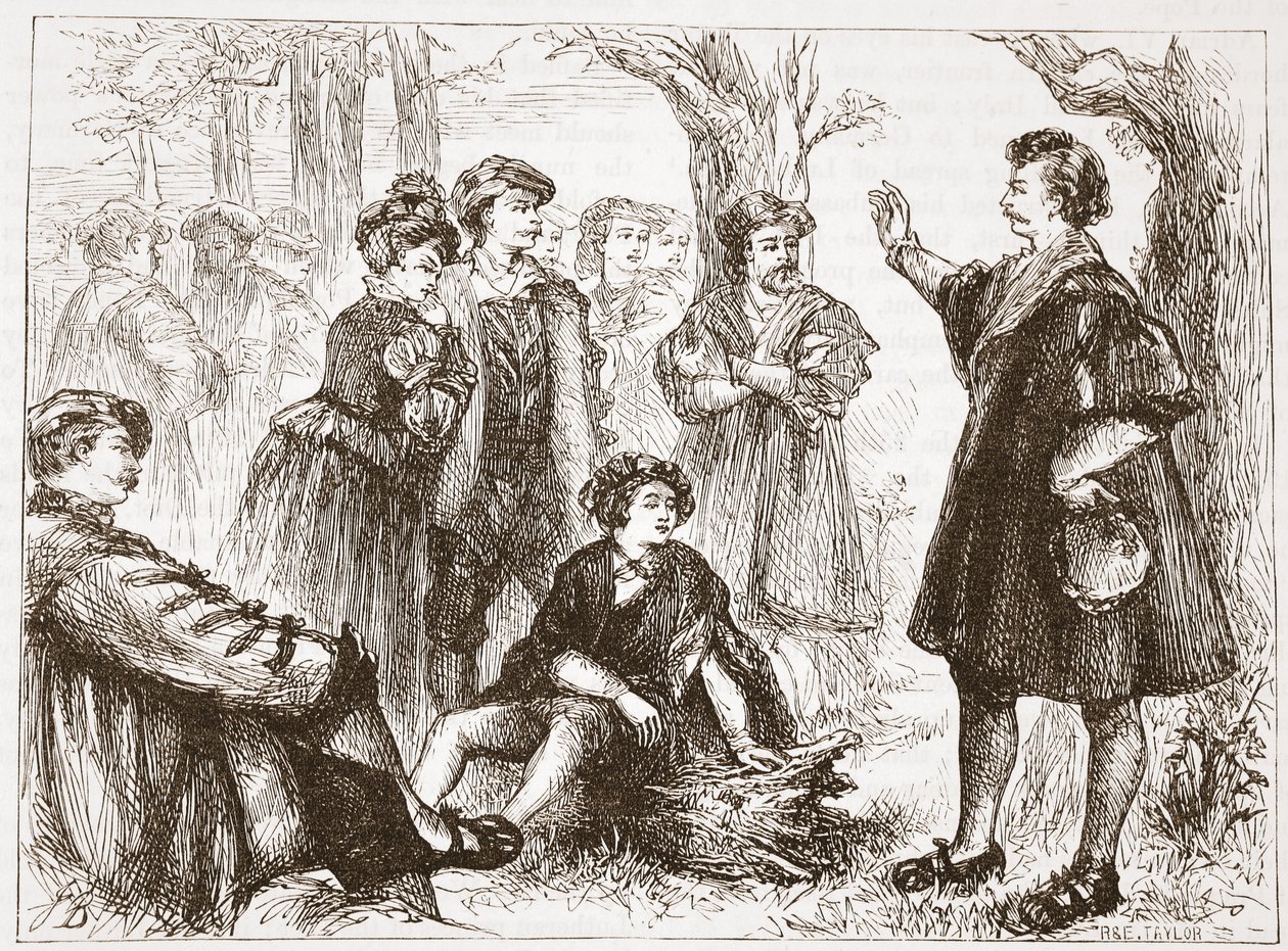 Wittembergin opiskelija saarnaa lehmusniityllä, esimerkki James Aitken Wylien (1808-1890) Protestantismin historiasta, pub. 1878 tekijältä English School