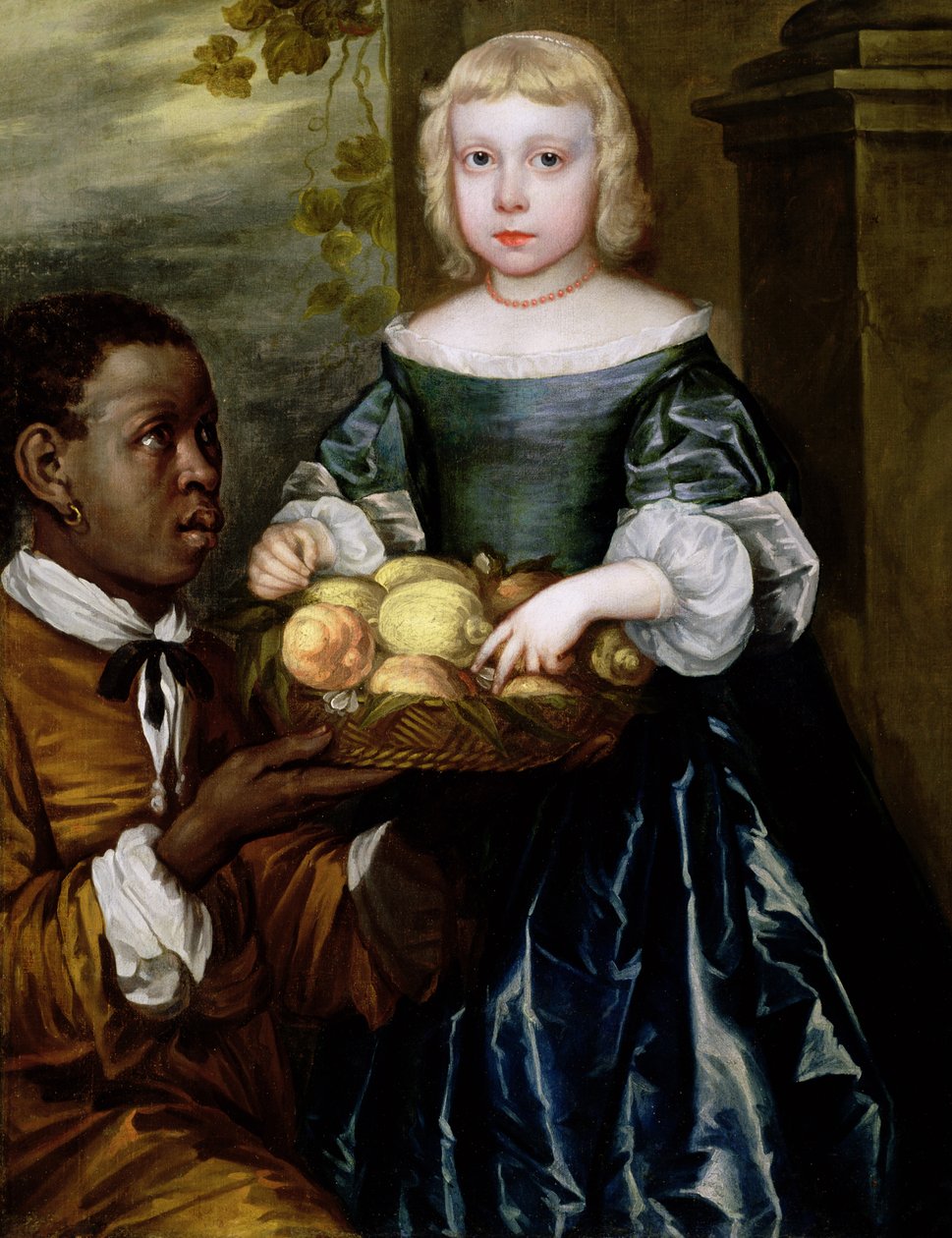 Nuorelle tytölle palvelija tarjosi hedelmäkorin, n. 1650 tekijältä English School