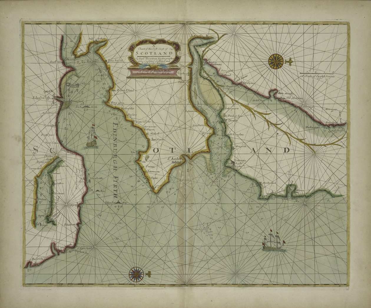 Kartta Skotlannin itärannikosta meriatlaksesta, joka sisältää Samuel Thorntonin hydrografisen kuvauksen useimmista maailman tunnettujen osien rannikoista, 1707 (käsinvärinen painatus) tekijältä English School
