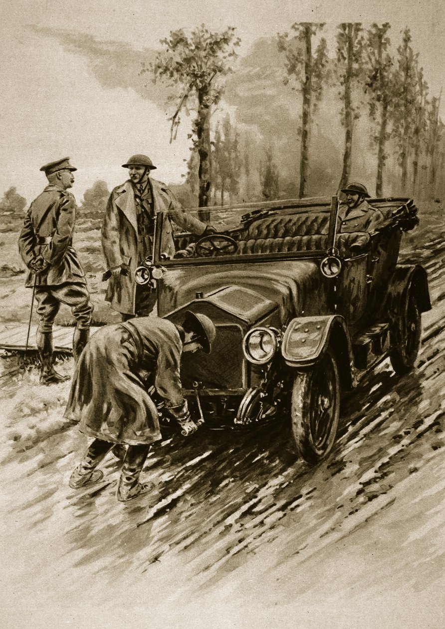 Naisarmeijan apujoukon kuljettaja käynnistää upseeriauton moottorin, 1914-19 tekijältä English School