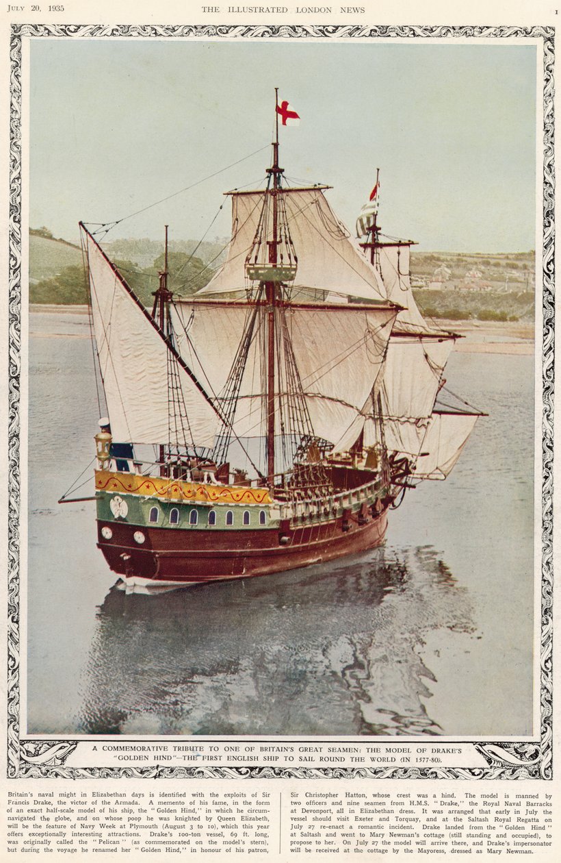 Muisto kunnianosoitus yhdelle brittiläisistä suurista merimiehistä: Drakes Golden Hindin malli, ensimmäinen englantilainen alus, joka purjehti maailman ympäri vuosina 1577–1580, The Illustrated London News Royal Naval ja Mi. tekijältä English School
