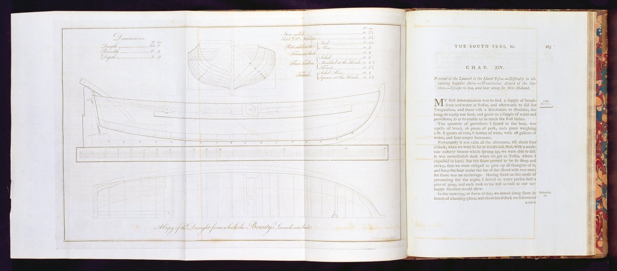 Kopio luonnoksesta, josta The Bountys-laukaisu rakennettiin, matkasta Etelämerelle, William Bligh (1754-1817), kaivertanut Mackenzie, julkaistu 1792 (katso myös 174207, 174209) tekijältä English School
