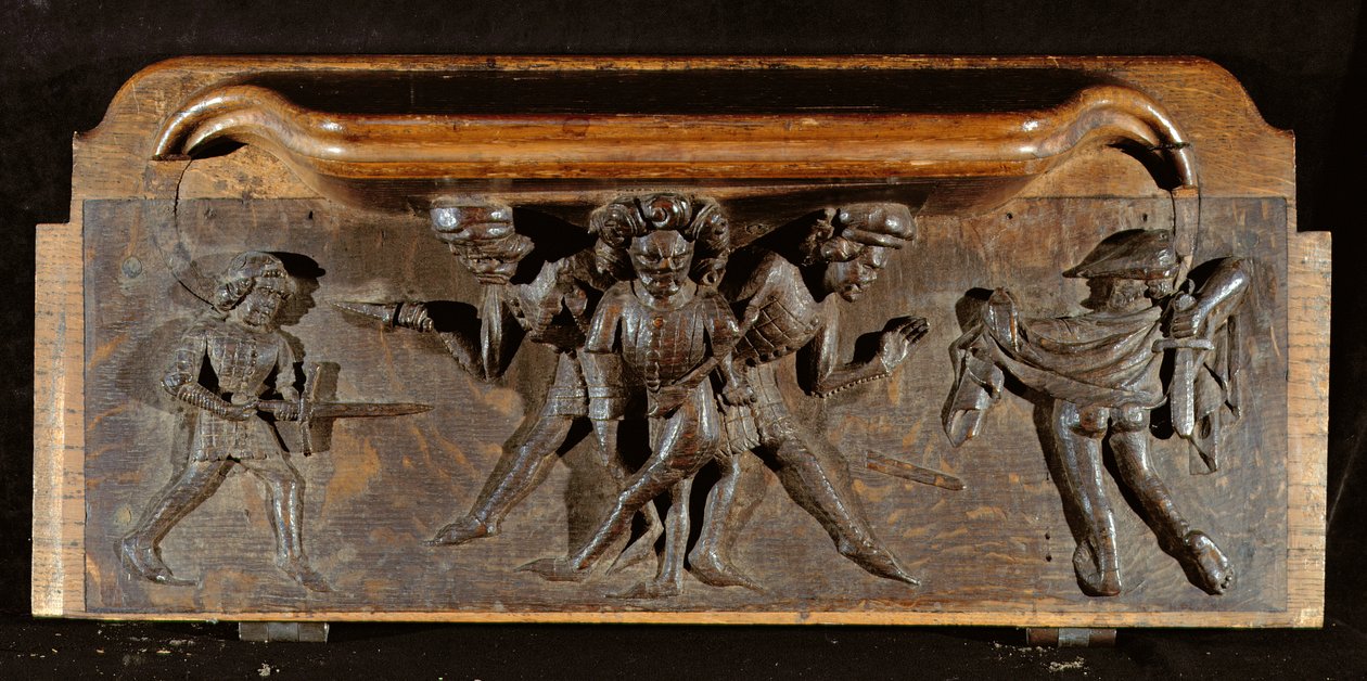 Vioittunut kurjuusormi, joka kuvaa kolmea miestä taistelemassa tikareilla ja miekoilla, New College Chapel, Oxford, 1300-luvun loppu (puuta) tekijältä English School