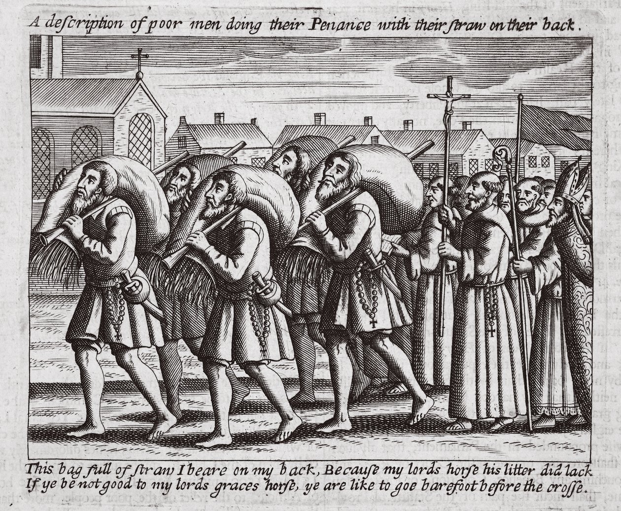 Kuvaus köyhistä miehistä, jotka tekevät katumusta oljet selässään, John Foxen kuvitus teoksesta Apostolien teot ja monumentit, yhdeksäs painos, pubi. 1684 tekijältä English School
