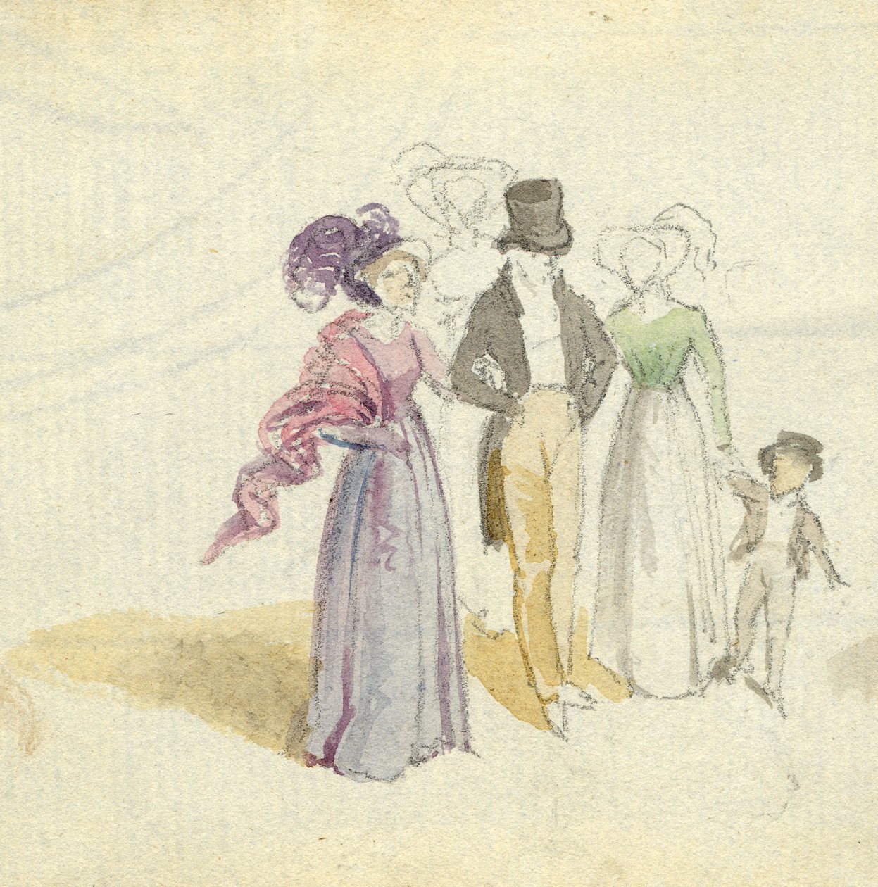 Perhe kävelyllä, n. 1825 (wc paperilla) tekijältä English School