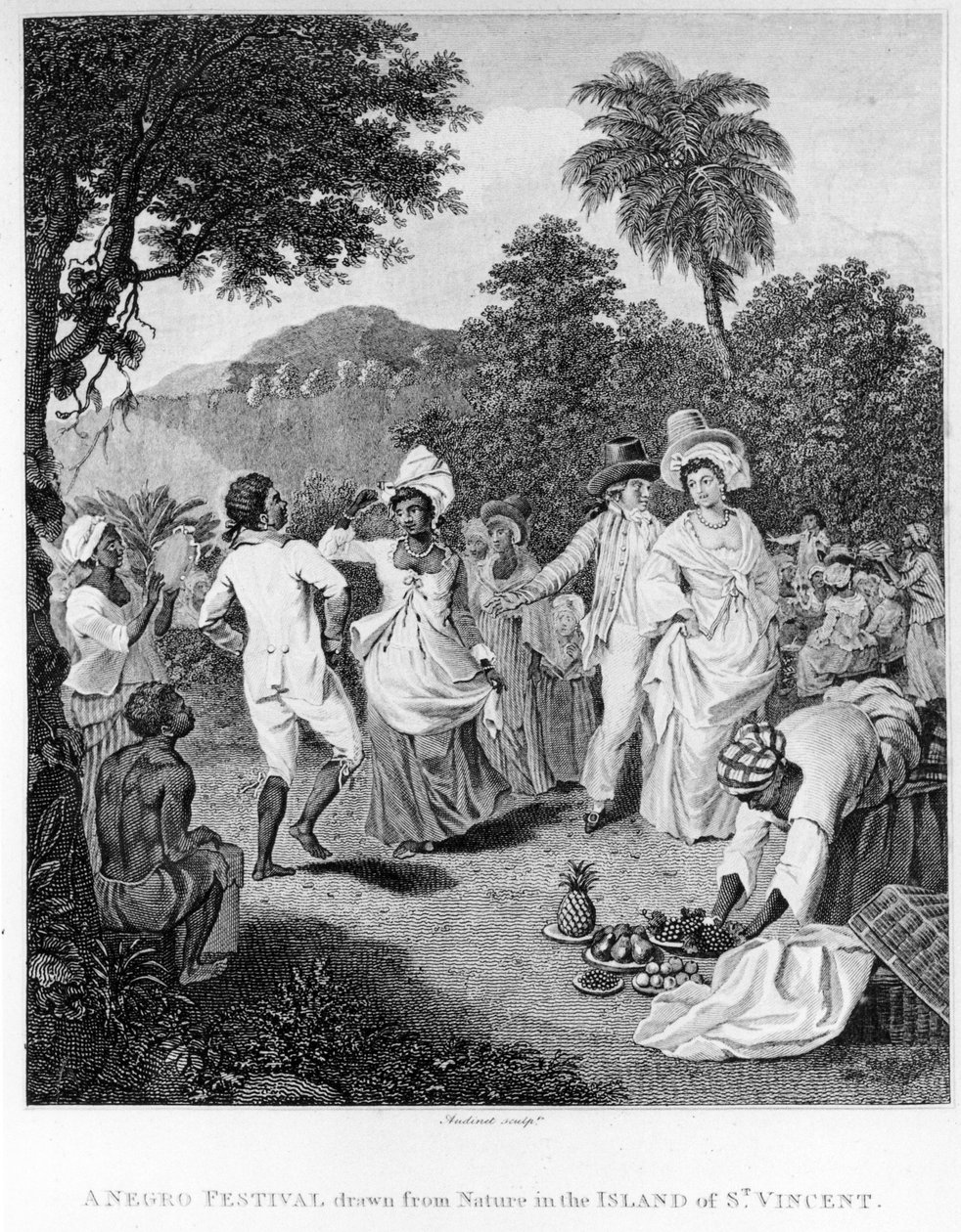 Festivaali St. Vincentin saarella Bryan Edwardsin Brittiläisten siirtokuntien Länsi-Intiassa historiasta, siviili- ja kaupallisuudesta, kaiverrettu Philipp Audinet, tarkistettu painos vuodelta 1794 (engr. tekijältä English School