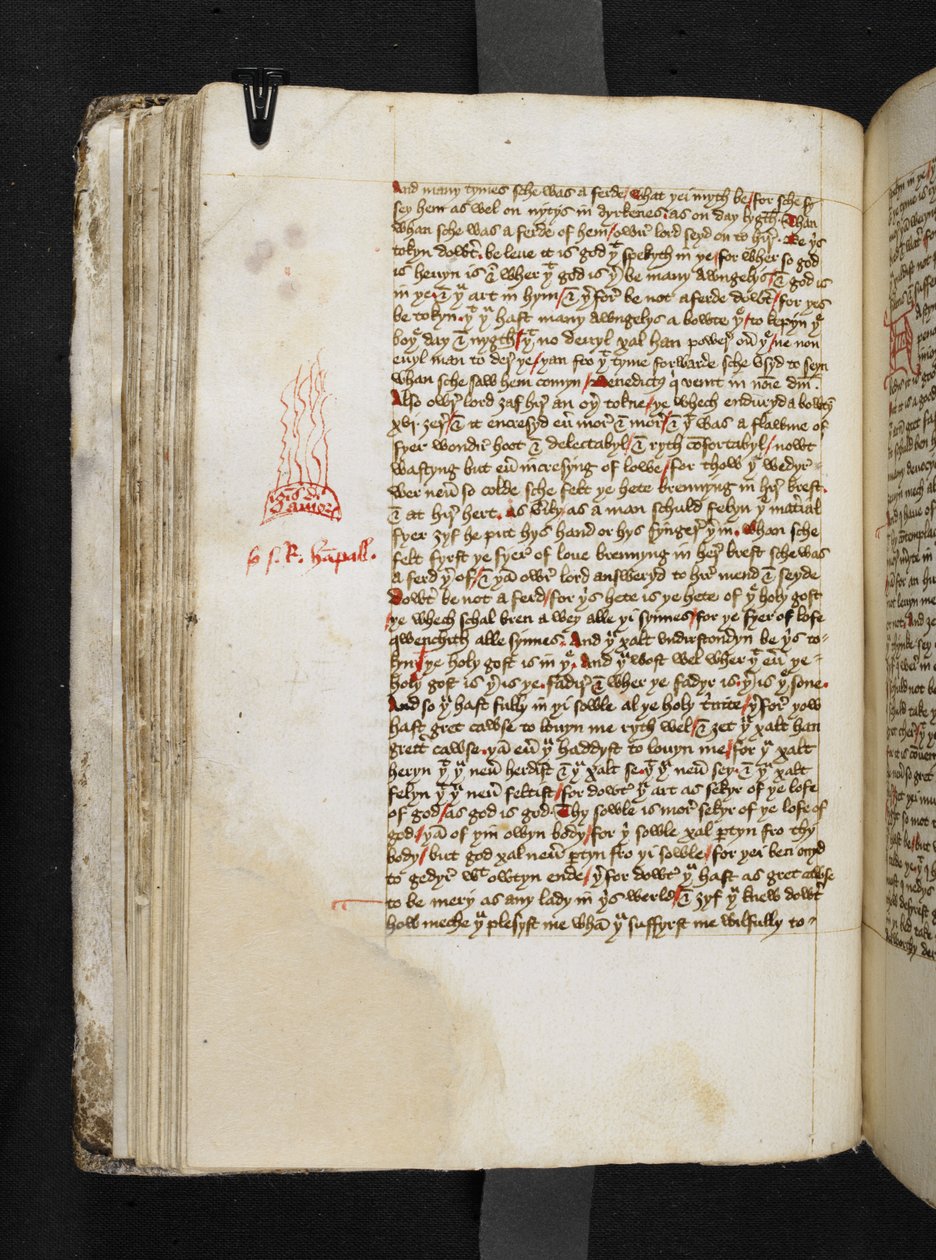 Liekki, joka esittää "ignis divini amoris", Margery Kempen kirjasta, Add MS 61823 f.43v, noin 1445-50 (kynä ja muste pergamentilla). tekijältä English School