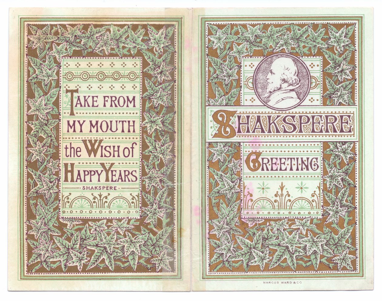 Etu- ja takakannen viktoriaaninen onnittelukortti William Shakespearen kuvasta, n. 1880 (värilitho) tekijältä English School