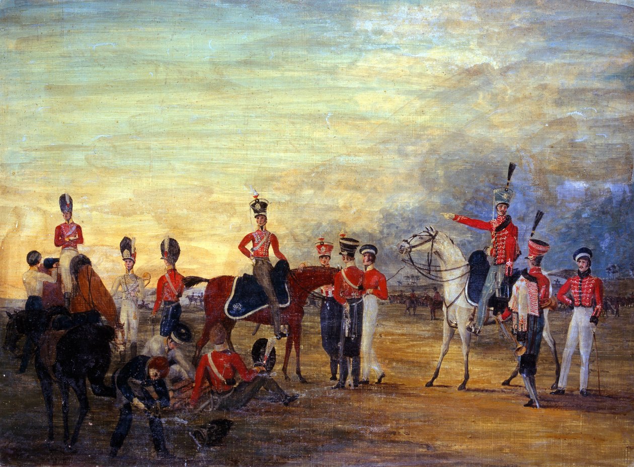 Joukko ratsuisia ja ratsuisia upseereita ja miehiä Yorkshire Yeomanrysta erilaisissa pukeutumislajeissa, n. 1820 tekijältä English School
