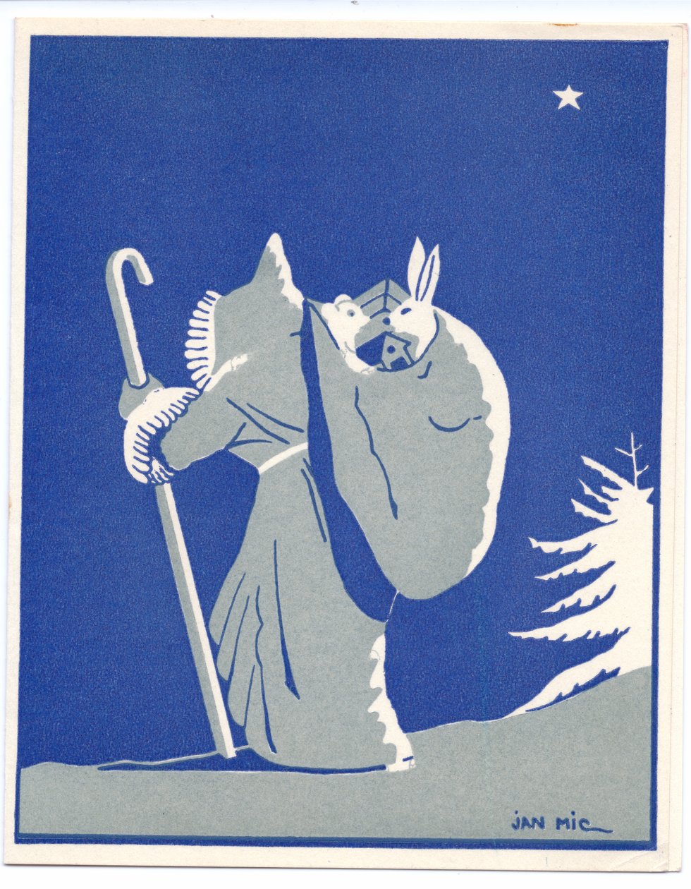 Käsinvärjätty ranskalainen Pochoir-joulukortti, jossa on silhoutteinen joulupukki, joka kävelee kepin kanssa ja kantaa säkkiä, jossa on jänis ja karhu, noin 1920 (sabluunakuvio). tekijältä English School