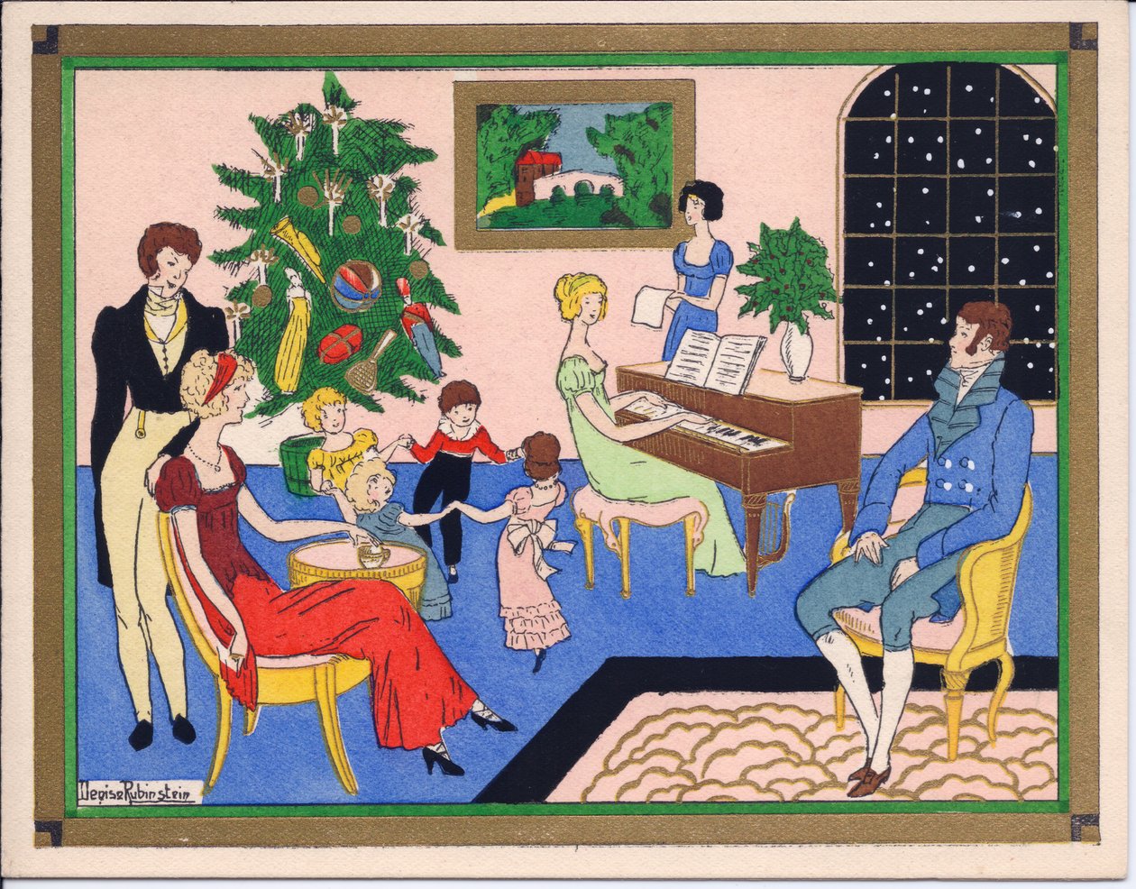 Käsinvärinen ranskalainen pochoir-joulukortti Regency-perheiden joulujuhlista, tanssia ja musiikkiviihdettä, noin 1920 tekijältä English School