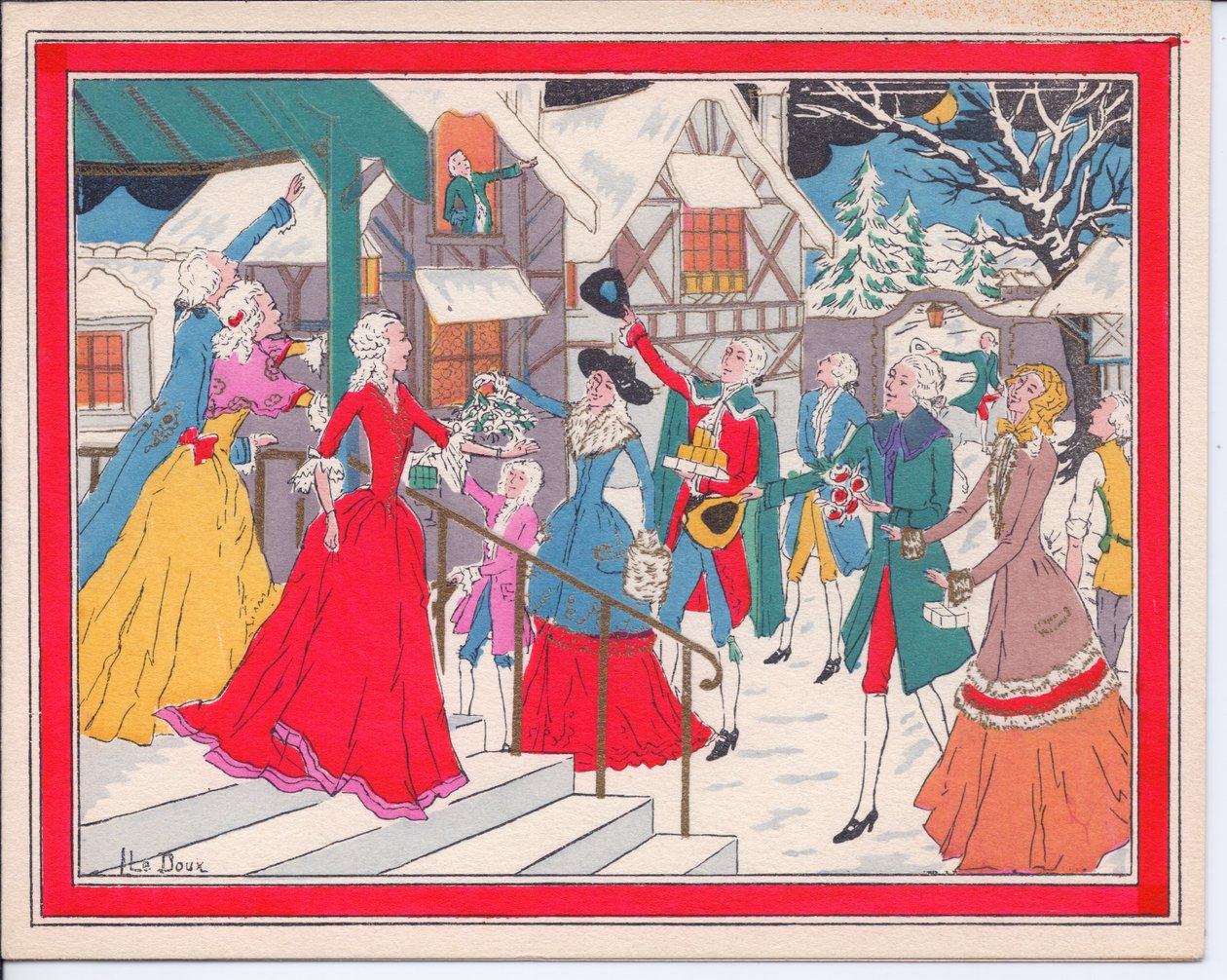 Käsinvärinen ranskalainen pochoir-joulukortti talvimaisemasta Tudor-aikoina, noin 1920 tekijältä English School