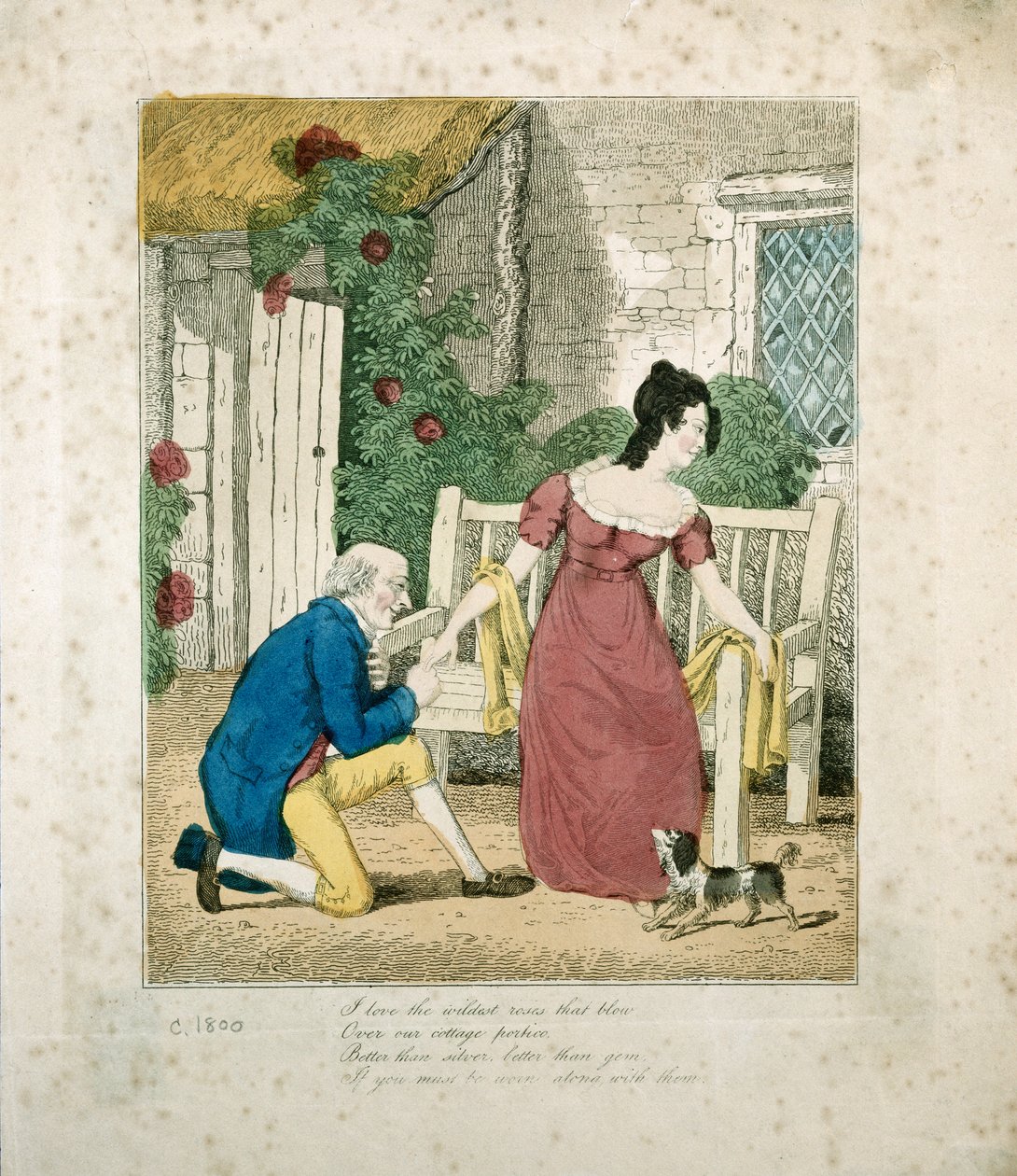 Käsin värjätty litografoitu kohtaus miehestä kosimassa, n. 1800 tekijältä English School