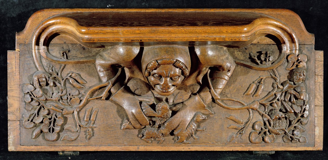 Kurjuusormi, joka kuvaa ogrea, jolla on valtavat hartiat, New College Chapel, Oxford, 1300-luvun loppu (puuta) tekijältä English School