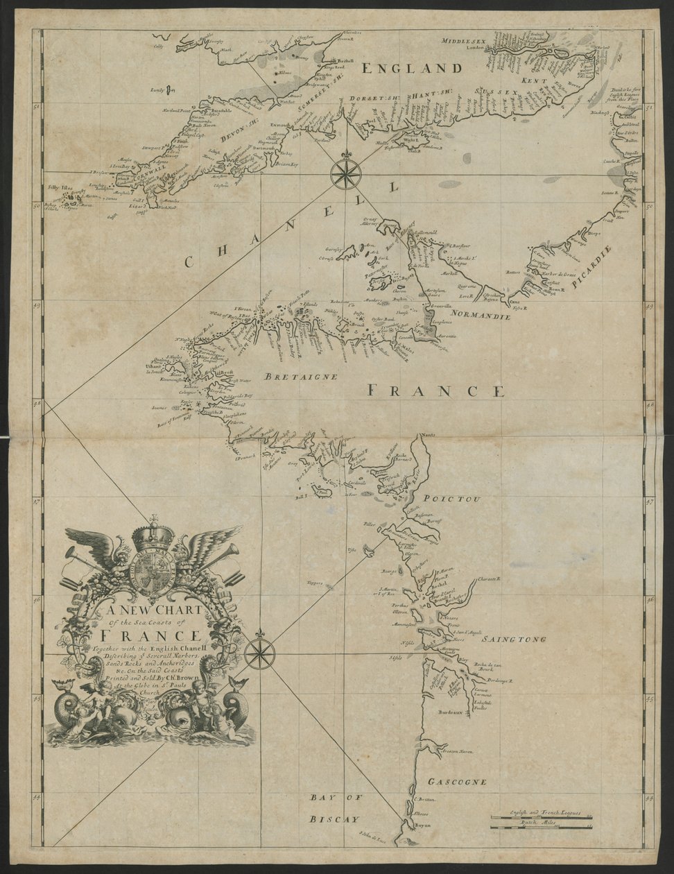 "Uusi kartta Ranskan meren rannikoista yhdessä Englannin kanaalin kanssa", n. 1730 (litho) tekijältä English School
