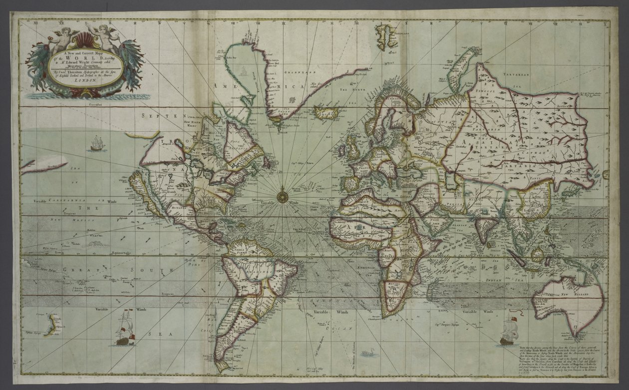 Uusi ja oikea maailmankartta merikartrasta, 1707 (käsinvärinen painatus) tekijältä English School