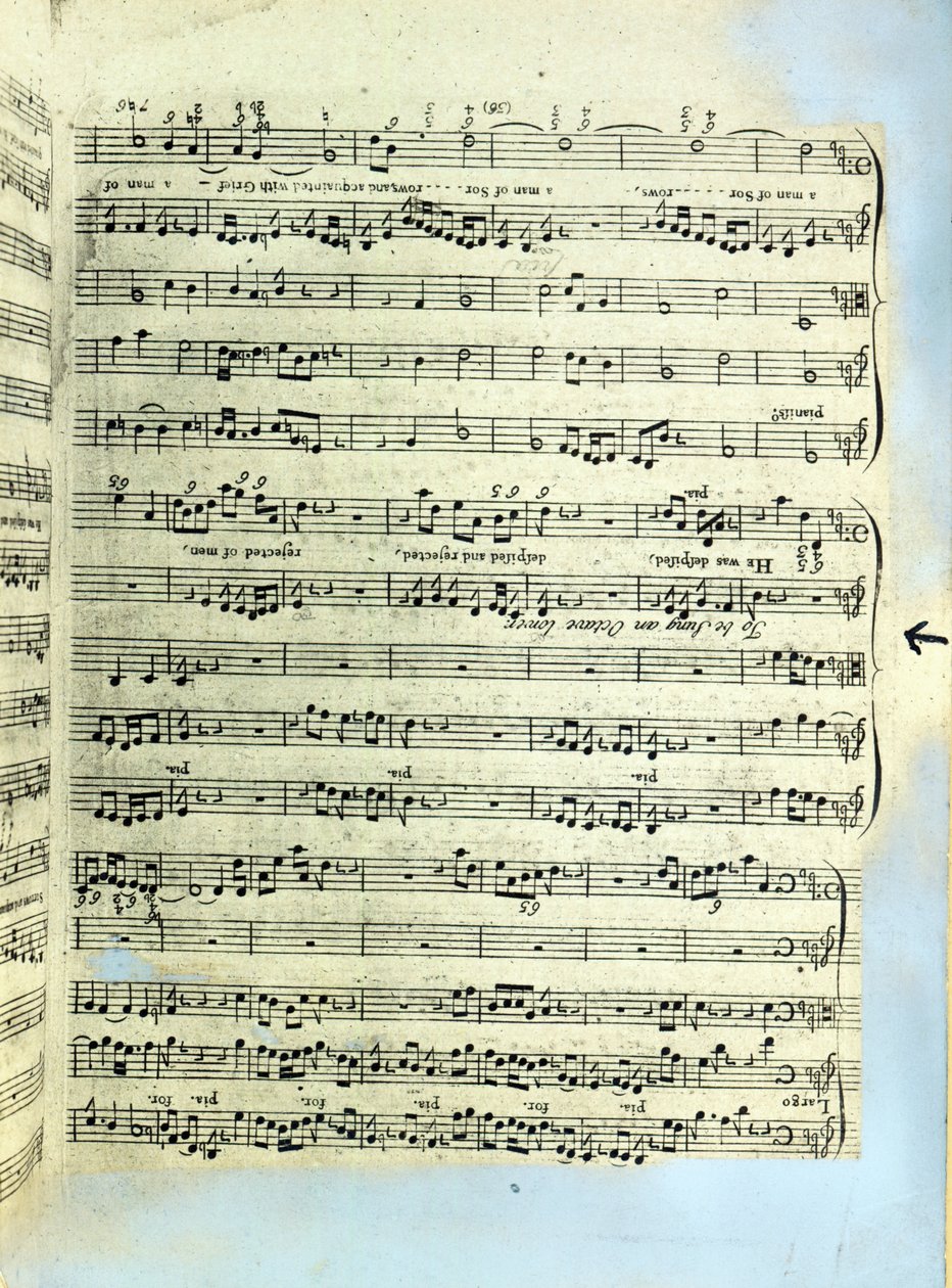 Sivu yhdestä niistä kahdesta ainoasta tunnetusta kappaleesta, jotka ovat peräisin Händelin Messiaan ensimmäisestä painoksesta Lontoossa (painettu paperi). tekijältä English School