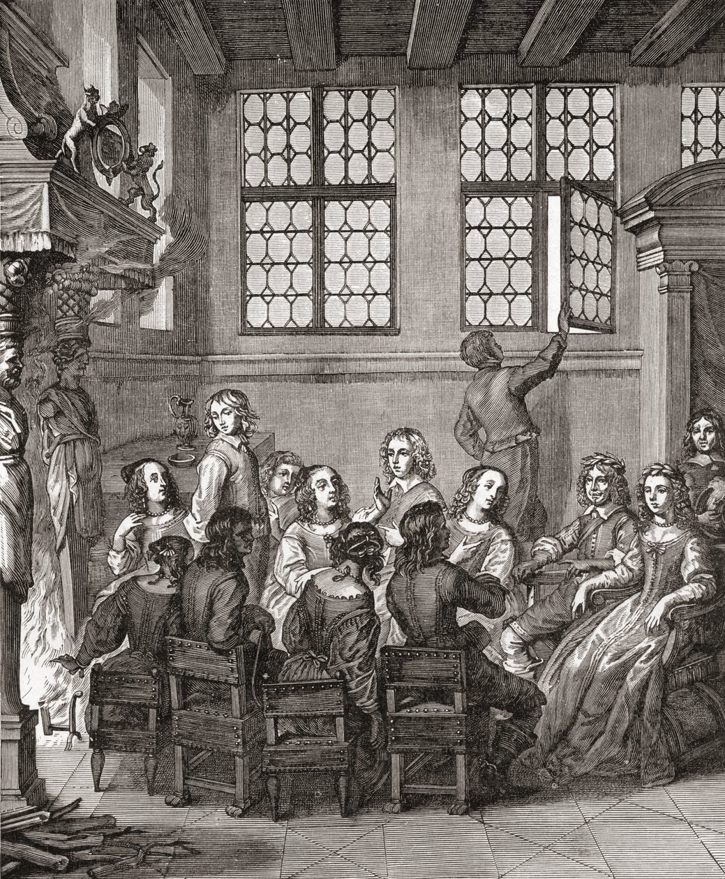 Juhla Duke of Newcastles Housessa, Newcastlen herttuattaren Margaretin Natures Pictures -kuvan etukappale, 1656, J. R. Greenin teoksesta A Short History of the English People, julkaistu 1893 tekijältä English School