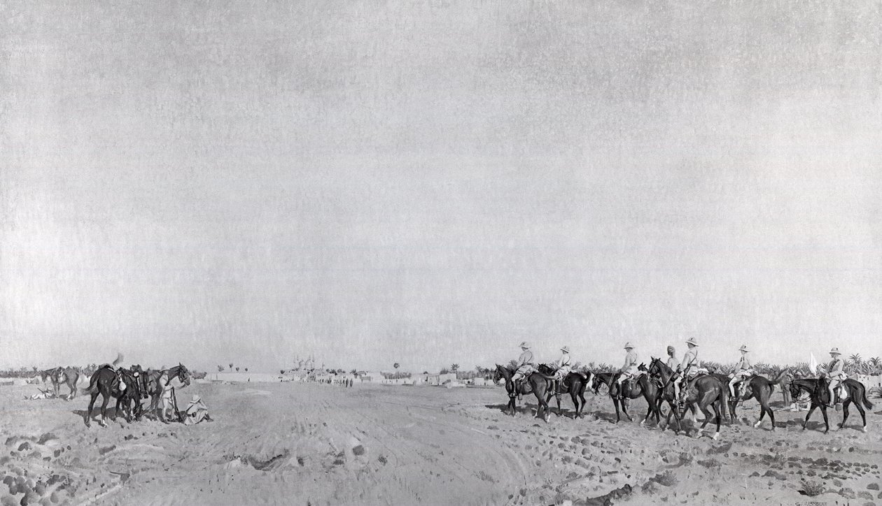 14. husaarien partio, jossa komentaja everstiluutnantti R.W. Hewitt DSO lähestyy ottaakseen Turkin antautumisen Kazimainin antautumisessa, 11. maaliskuuta 1917, julkaistu noin 1918 (valokuva) tekijältä English School