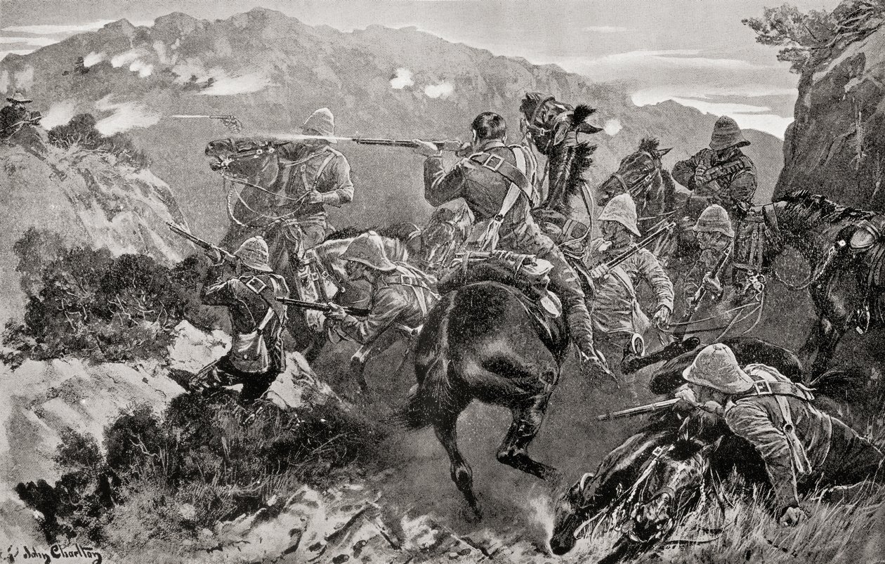 13. husaarien piketti yllätti Tugela-joen lähellä, Hussar-kukkulalla, KwaZulu-Natalin maakunnassa toisen buurisodan aikana, Louis Creswicken teoksesta "Etelä-Afrikka ja Transvaalin sota", julkaistu 1900 (litho) tekijältä English School