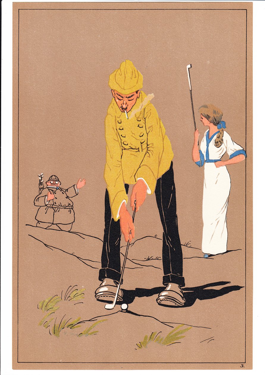 Printti kahdesta golfaajasta koomissa ja humoristisissa asennoissa, n. 1920 tekijältä English School