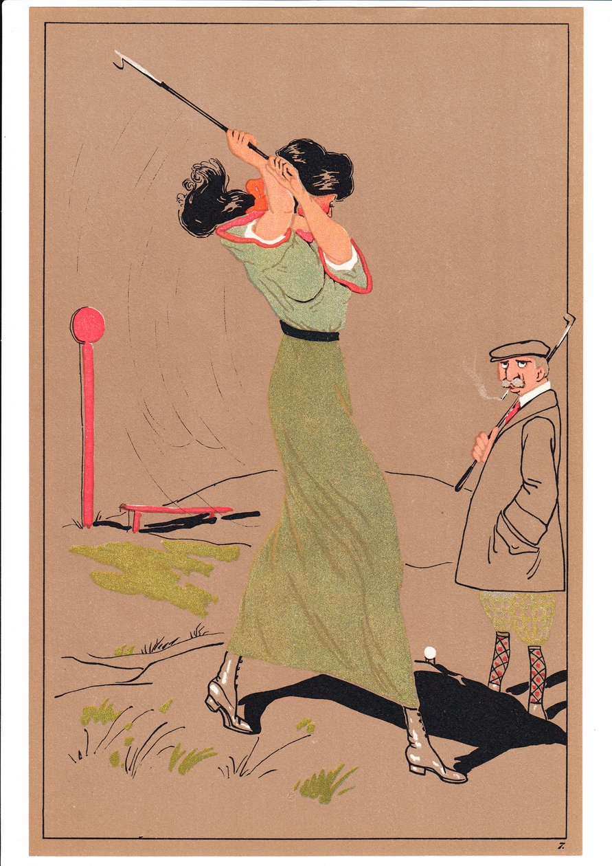 Printti kahdesta golfaajasta koomissa ja humoristisissa asennoissa, n. 1920 tekijältä English School