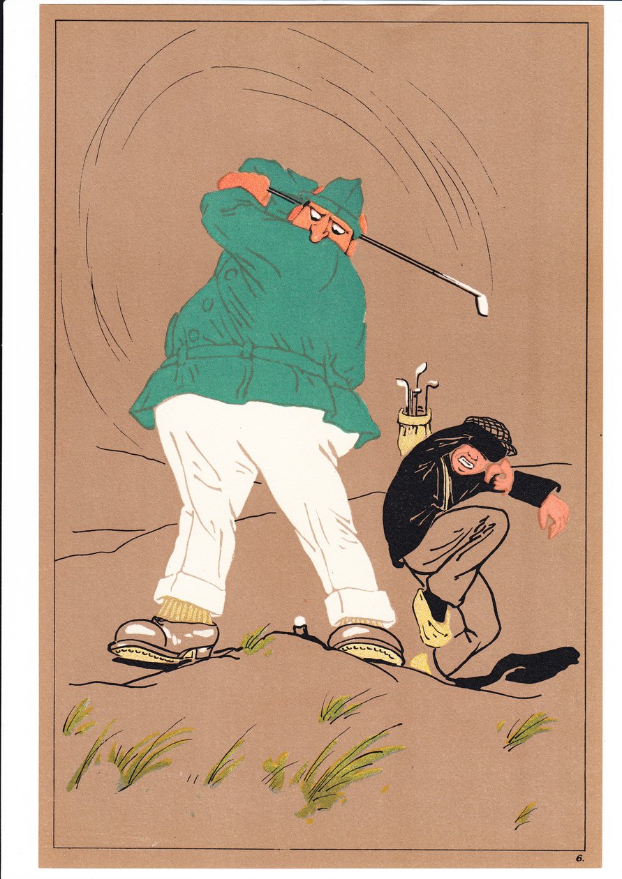 Printti kahdesta golfaajasta koomissa ja humoristisissa asennoissa, n. 1920 tekijältä English School