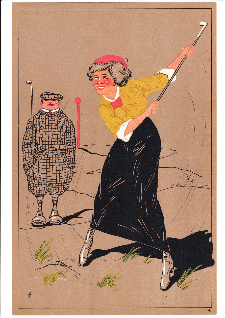 Printti kahdesta golfaajasta koomissa ja humoristisissa asennoissa, n. 1920 tekijältä English School