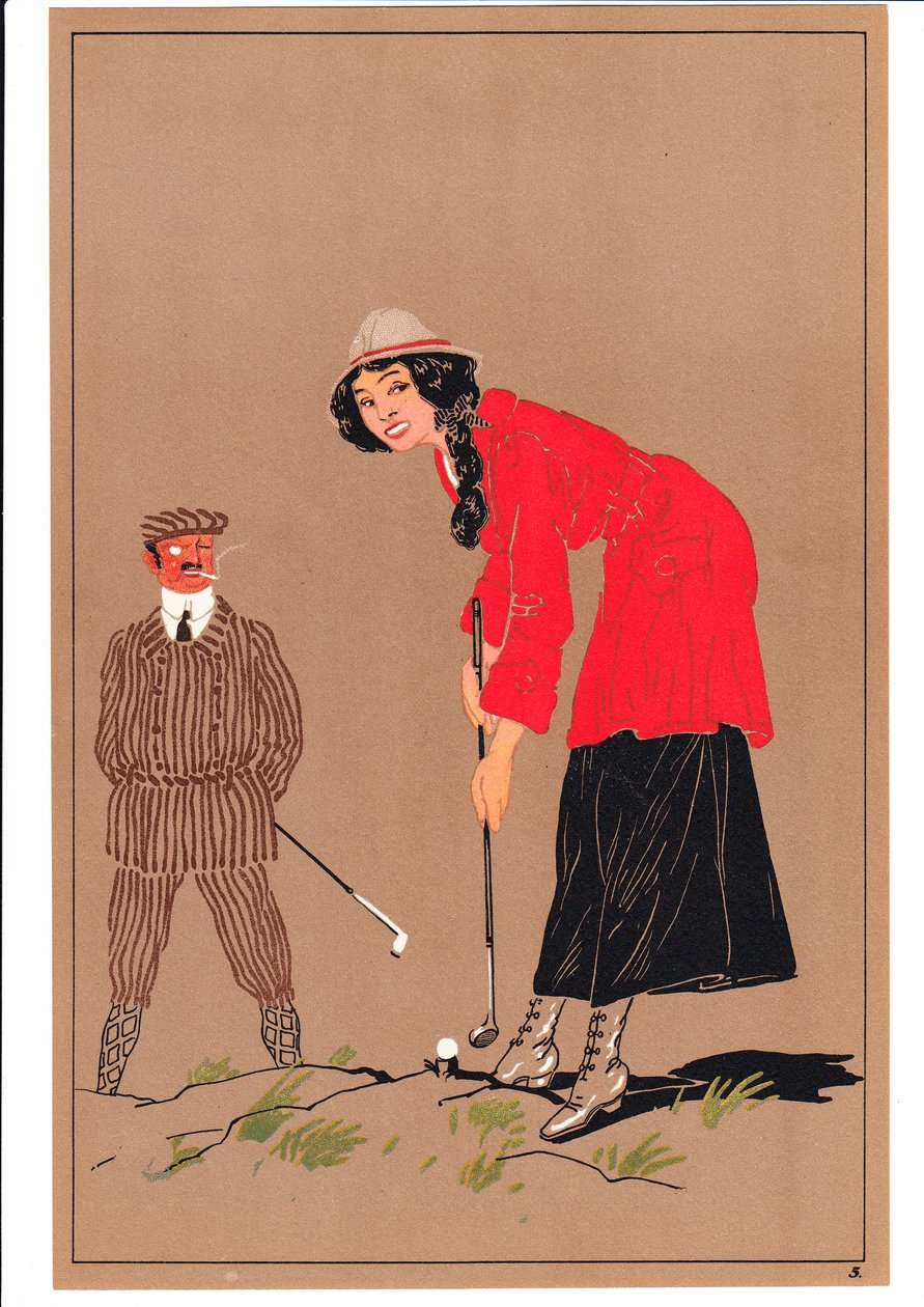Printti kahdesta golfaajasta koomissa ja humoristisissa asennoissa, n. 1920 tekijältä English School