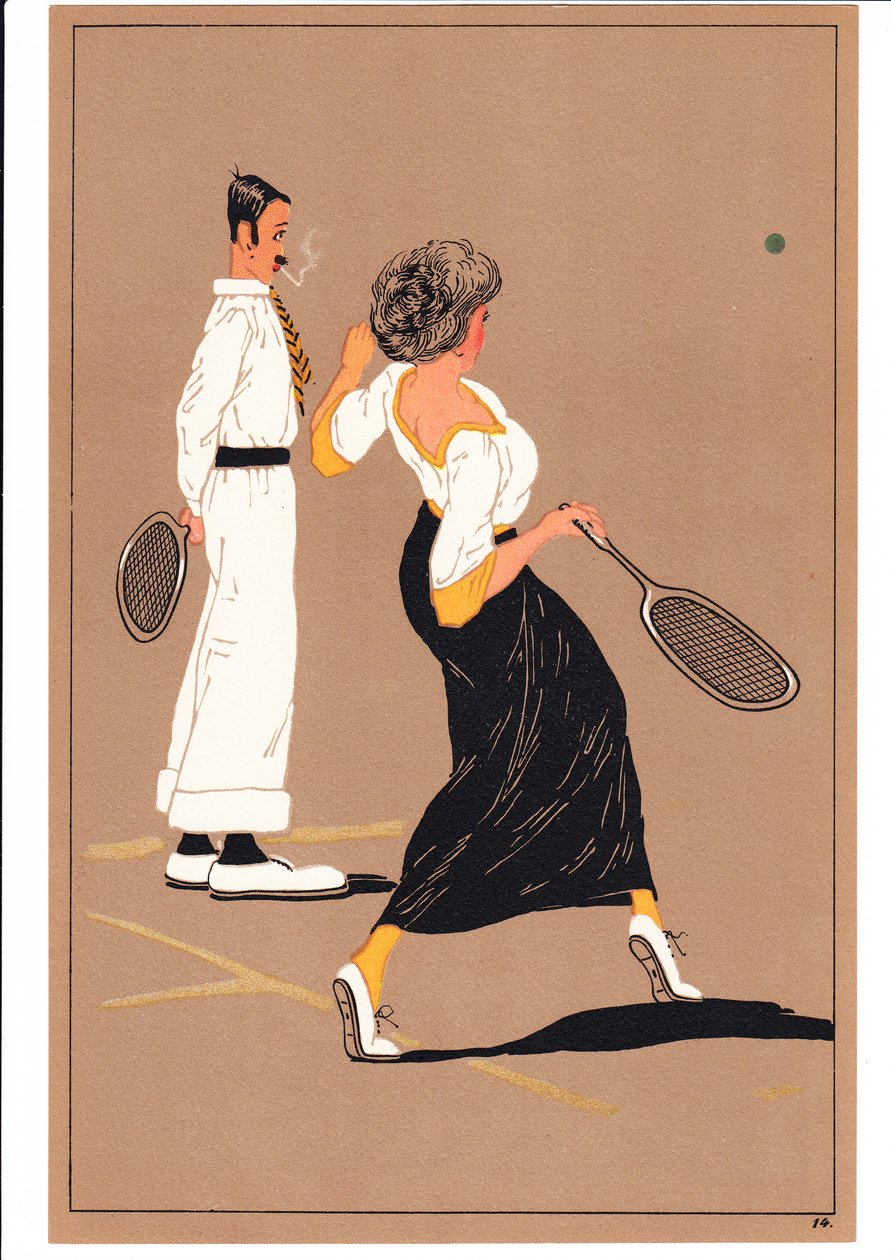 Painokuva kahdesta tennispelaajasta koomisissa ja humoristisissa asennoissa, noin 1920 (värilitografia). tekijältä English School