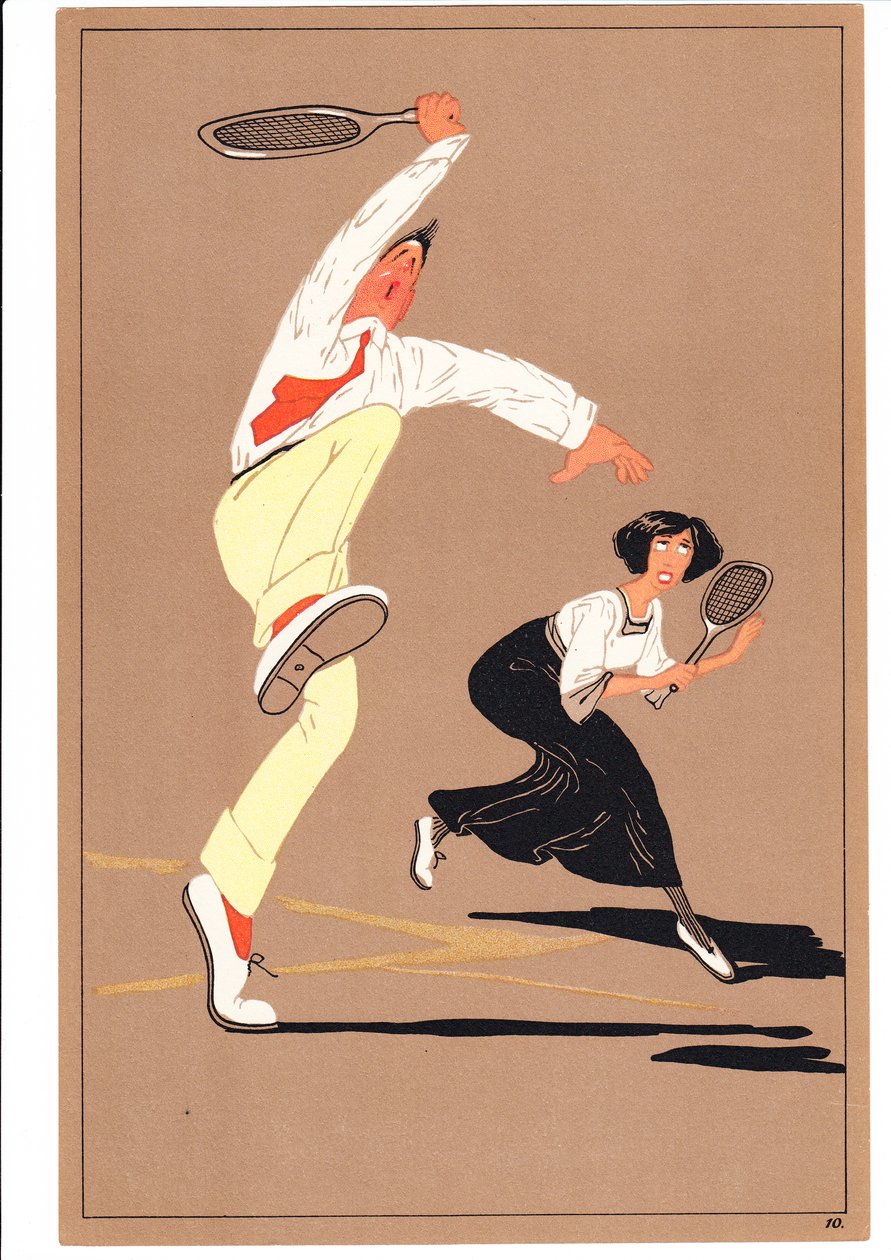 Vetos kahdesta tennispelaajasta koomisissa ja humoristisissa asennoissa, n. 1920 tekijältä English School