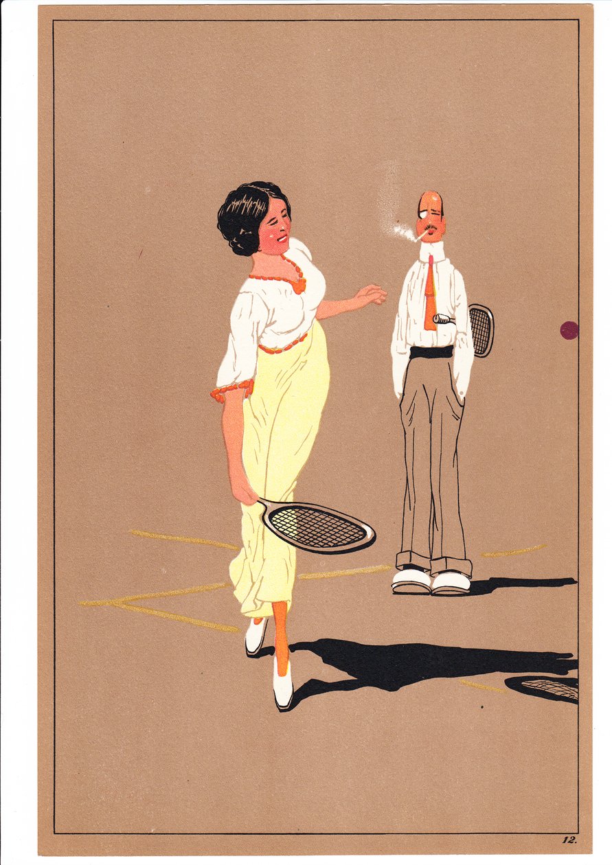 Vetos kahdesta tennispelaajasta koomisissa ja humoristisissa asennoissa, n. 1920 tekijältä English School