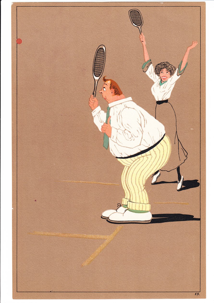 Vetos kahdesta tennispelaajasta koomisissa ja humoristisissa asennoissa, n. 1920 tekijältä English School